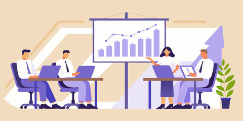Business presentation with team analyzing growth chart on screen