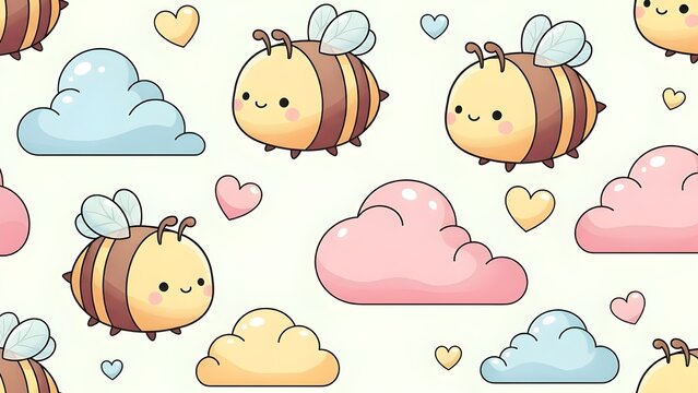 A seamless kawaii-style pattern with chubby bees, clouds, and hearts in soft pastel shades, perfect for cute merchandise and fabric prints.