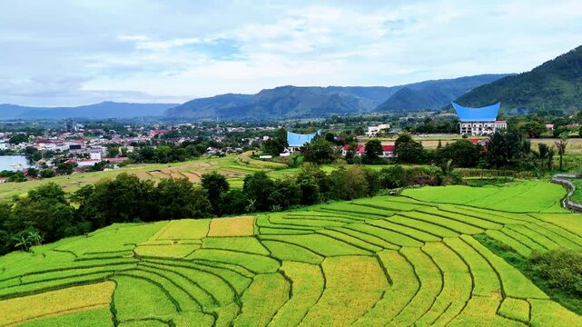 Cinematic aerial view of rice field and village around Lake Toba