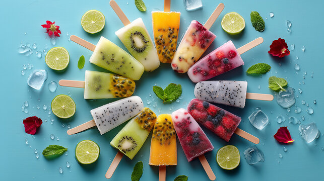 Assorted frozen popsicles in refreshing summer layout