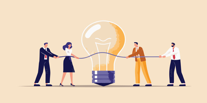 Teamwork and idea generation business people pulling a rope attached to a lightbulb