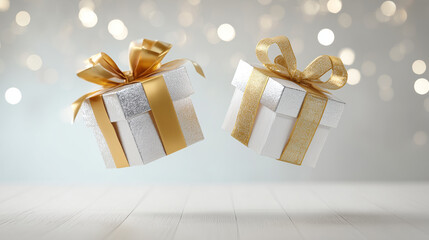 Elegant golden present boxes with sparkling confetti