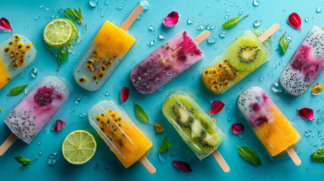 Colorful fruit popsicles arranged on bright summer background - Powered by Adobe