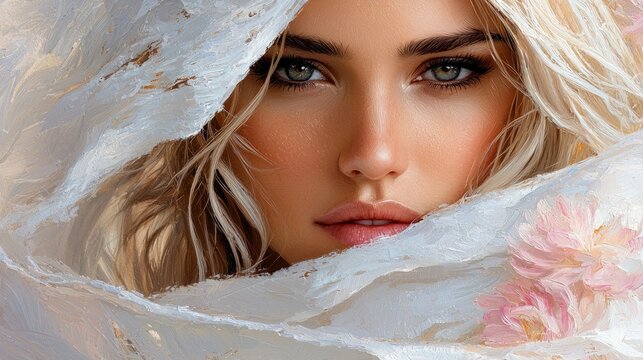 Close-up portrait of a woman with blonde hair and blue eyes, framed by a white veil, with soft lighting and a serene expression.