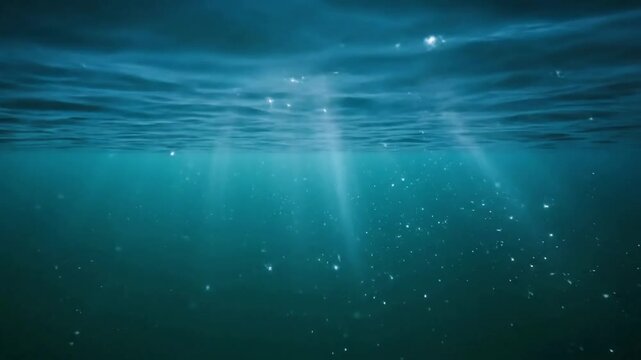 Subtle interplay of refractive light beams piercing through a clear, deep water column, highlighting microscopic particulate matter in motion. Light penetration and diffusion