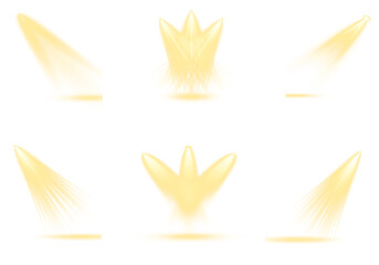 A refined collection of golden spotlights featuring warm glowing beams, soft gradients, and shimmering reflective haze. Each element creates elegant illumination perfect for concerts, theater scenes, 
