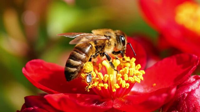The delicate interaction between a pollinator and blossom, highlighting the essential ecological process of cross pollination in a natural setting. ecological significance