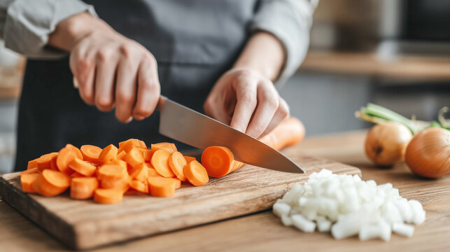 Preparing vegetables with knife on rustic kitchen table