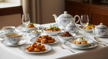 Elegant table setting with assorted dishes and tea service 
