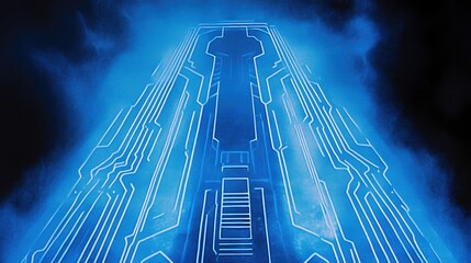 An abstract image of a circuit board design with glowing blue lines against a dark background, creating a futuristic and technological aesthetic.