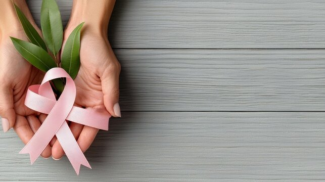 A woman's hands cradle a pink ribbon and green leaves against a gray wooden background. The image evokes themes of breast cancer awareness, support, and hope.