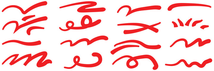 Red underline doodle pencil hand drawn elements set. Grunge line ellipses, Line pen brush marker stroke underline vector set. Hand drawn doodle sketch pen brush stroke scribble underline. Red squiggle