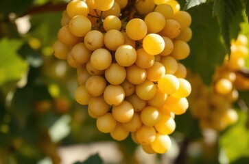 A bunch of ripe golden-green grapes on the vine, showing sunlight reflections and shadows between the berries for rich depth. Generative AI