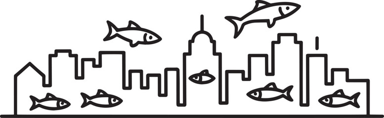 Cityscape Outline with Fish Silhouette Vector Creative Design Decoration Concept
