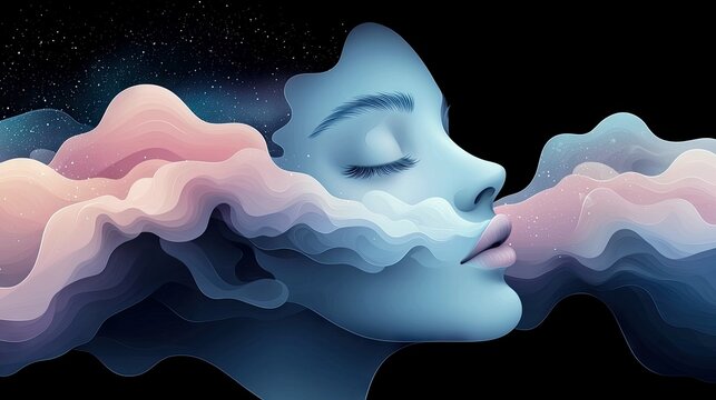 A woman's profile is depicted with closed eyes, with abstract clouds and a starry sky forming a surreal and serene composition against a black background.