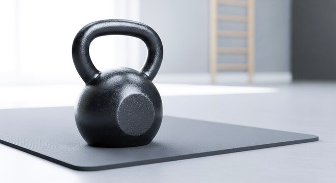 Black kettlebell resting on exercise mat in modern gym environment