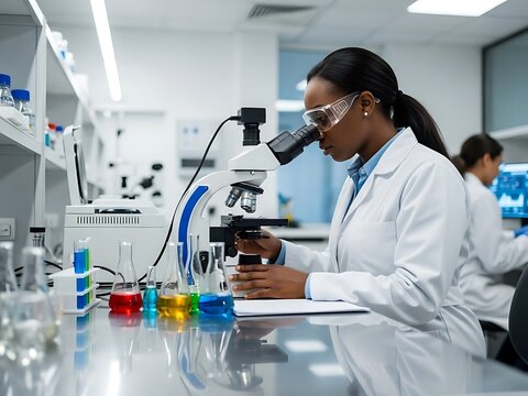 Focused Black female scientist working with a microscope in a modern laboratory for research