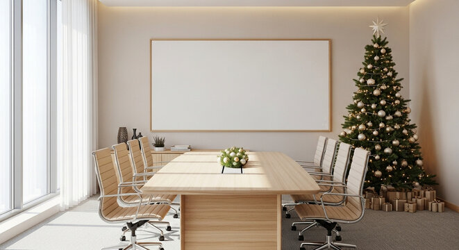 Modern conference room decorated for Christmas with a tree and whiteboard  