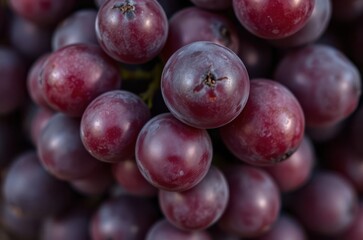A macro view of a grape cluster showing ripe fruit in rich purple tones, smooth skin texture and subtle highlights from ambient light. Generative AI
