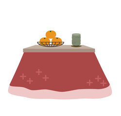 こたつのイラスト素材／みかんの籠と緑茶の湯呑付き・冬の風景