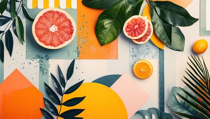 A vibrant and colorful flat lay featuring abstract geometric shapes, bold patterns, tropical elements