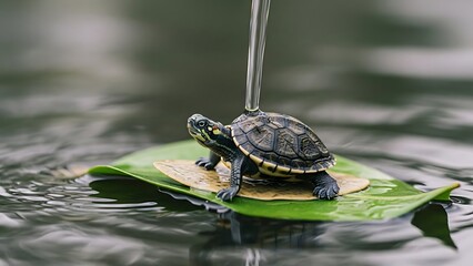 Fototapeta premium Small turtle on a green leaf floating on water with a stream falling