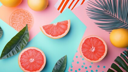 A vibrant and colorful flat lay featuring abstract geometric shapes, bold patterns, tropical elements