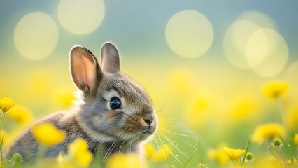 Adorable baby rabbit sitting among vibrant yellow buttercups in a sunny field