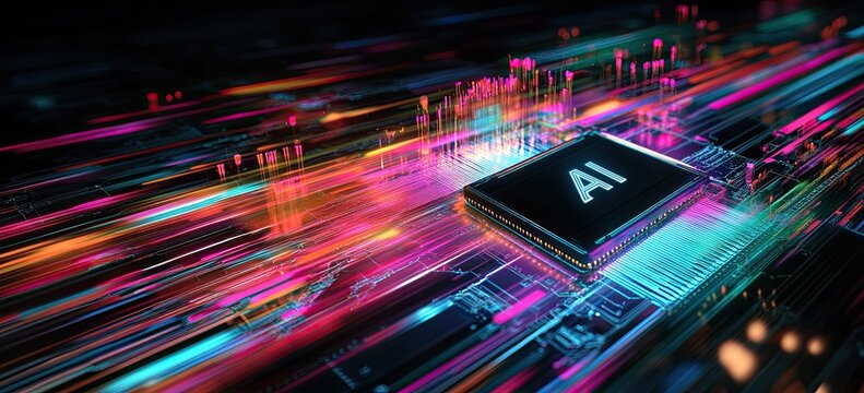 A vibrant and dynamic illustration of an AI chip with the letters "AI" 