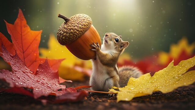 Cute squirrel carrying a giant acorn among vibrant autumn leaves