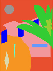Abstract illustration of a house with a palm tree minimalist vector design for modern art isolated on an orange background