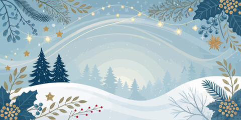 Naklejka premium Vector christmas winter scene with snow covered hills, pine trees, decorative branches and string lights in soft colors