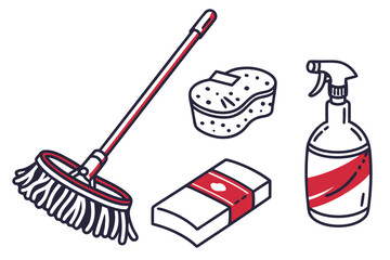 Cleaning Tools Isometric Line Art With Red Accents sponge spray bottle