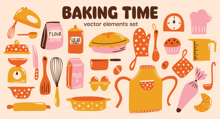 Baking time vector stickers elements set with cute cartoon retro colorful illustration of different kitchen cooking equipment, tools, whisk, rolling pin, spoon, apron for recipe books, culinary blogs