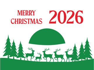 A minimalist Christmas-themed poster featuring a serene winter night scene in silhouette style. The composition includes pine trees, a reindeer, and a small cabin rendered in clean black shapes 2