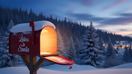 Red mailbox for Santa in winter landscape with snow-covered trees  