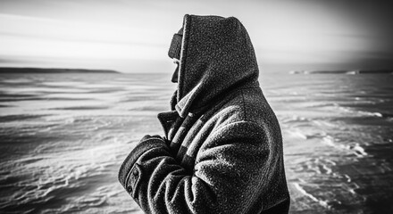 A solitary figure braves the harsh, monochrome landscape, enveloped in a hooded coat against the elements. The black and white tones emphasize the isolation.