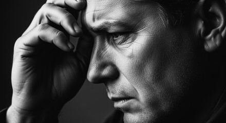 A close-up shot of a man's face, displaying deep contemplation and concern, a stark contrast captured in monochrome. 