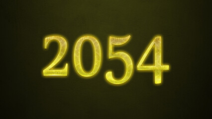 Neon glowing yellow number of 2054 on dark background.