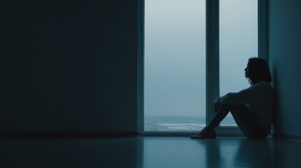 Obraz premium Solitary female figure contemplates landscape through large window in dim room
