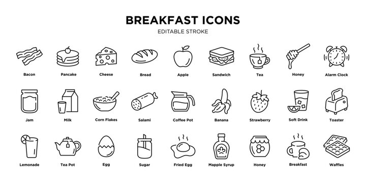 Breakfast icons collection in minimalist style with editable stroke