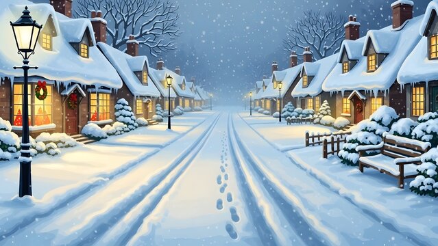 Charming, snowcovered village street scene at dusk with glowing windows and footprints leading down the snowy road under falling snow