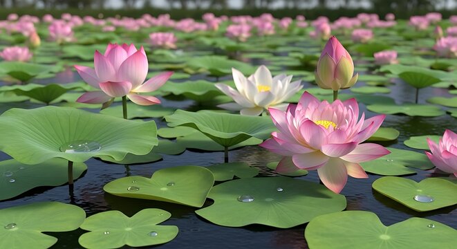 Beautiful Lotus Flowers Blooming in a Serene Pond with Green Lily Pads and Water Droplets - Powered by Adobe