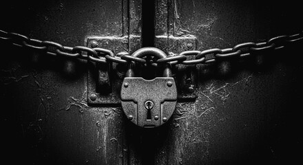 An antique lock, secured by a heavy chain, hangs on a weathered door. The close-up shot emphasizes security and protection, adding a touch of mystery.