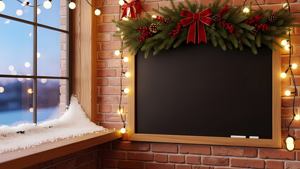 Cozy Christmas scene with blank chalkboard by window decorated with lights  