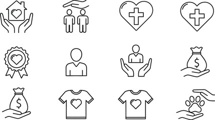 Collection of charity and donation vector icons with symbols of care, giving, and community support isolated on white background