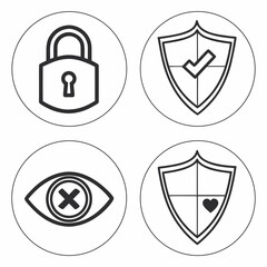 Security and privacy icons padlock shield eye and heart symbols Keywords: security, privacy, icon