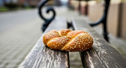 Gritty Urban Snapshot of Obwarzanek Krakowski Polish Bagel on a Cold City Bench