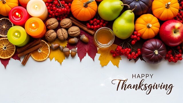 Vibrant autumn harvest decor with pumpkins, apples, pears, glowing candles, nuts, and spices, festive 'happy thanksgiving' text on white for seasonal greetings.