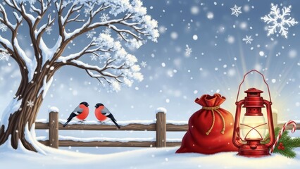 A winter scene with birds on a fence, a santa bag, and a lantern in a snowy landscape setting